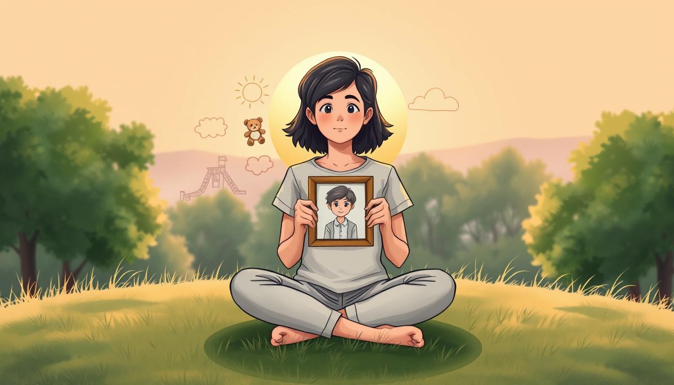 A person sitting cross-legged on a grassy hill at sunset, holding a small framed childhood photograph