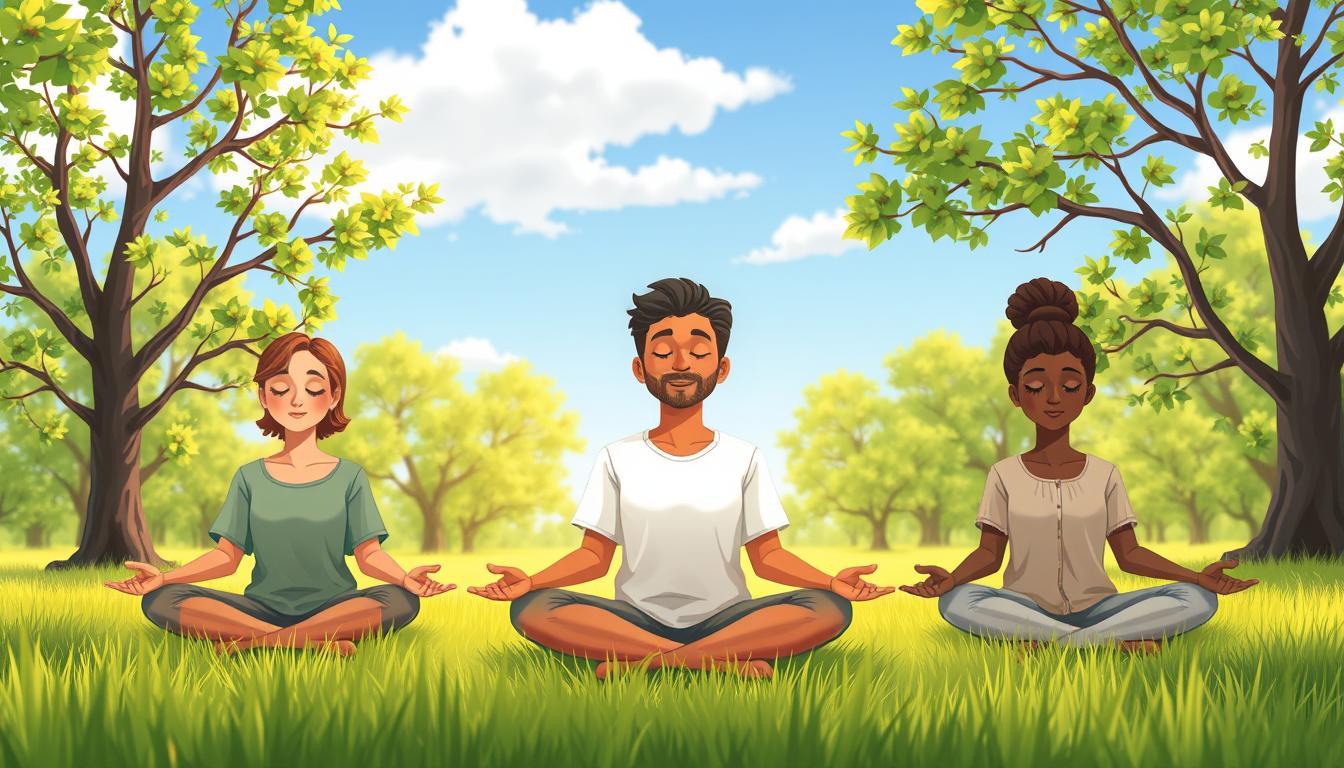 Three people meditating together on grass under green trees