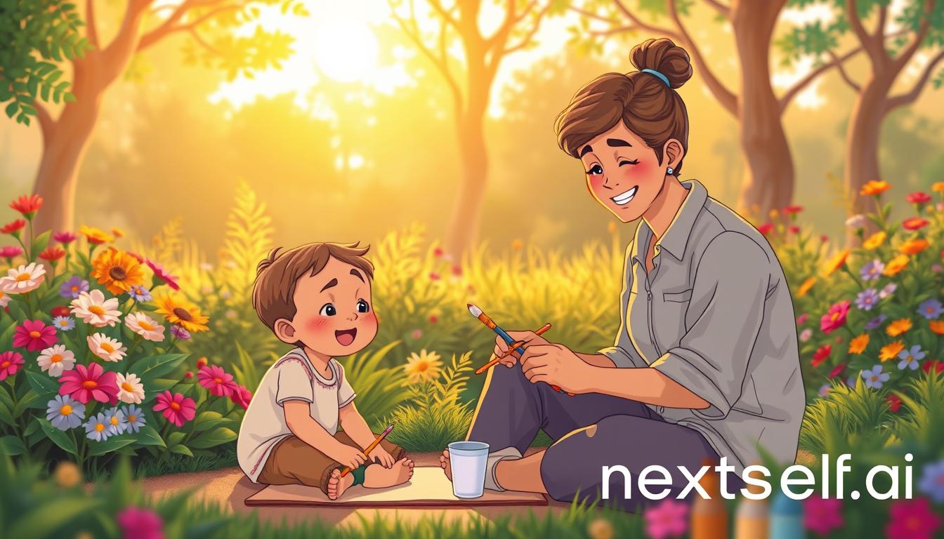 A caregiver and child painting together in a wildflower garden at golden hour